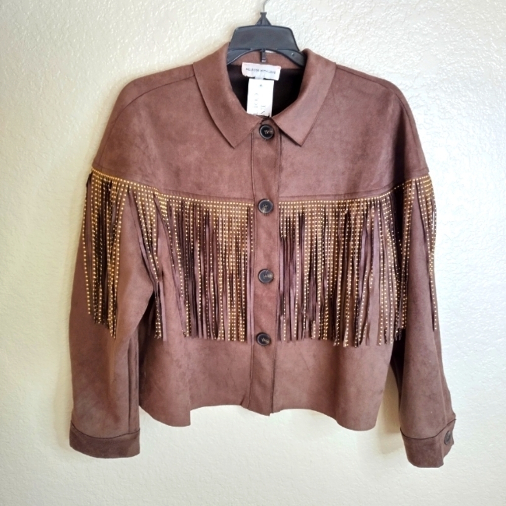 NWT Melrose with love button up fringe festive faux suede jacket sz M